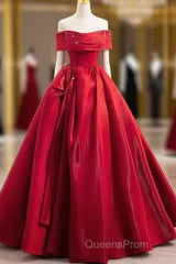 A-Line Off Shoulder Satin Red Ballgown Long Evening Prom Dress Evening Dress Floor Length