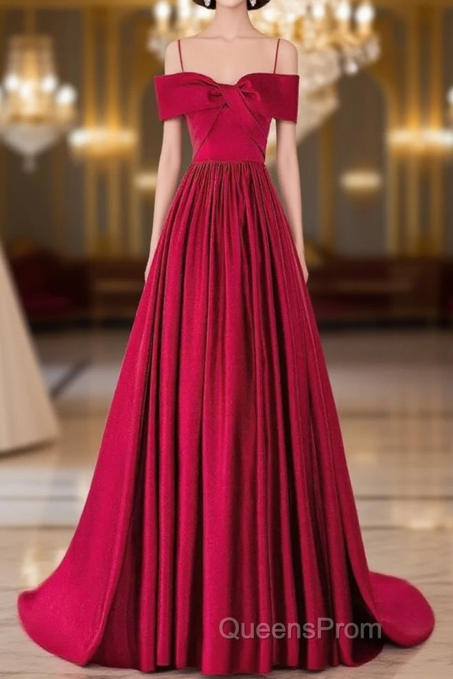 A-Line Off Shoulder Satin Red Long Evening Prom Dress, Red Evening Dress