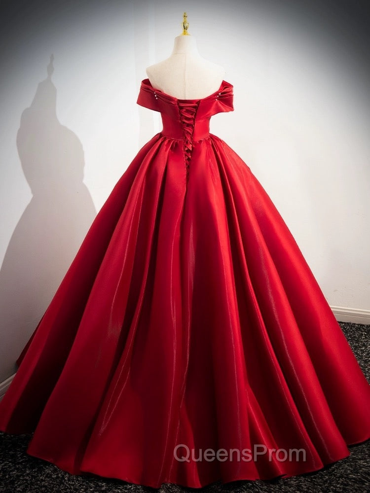 A-Line Off Shoulder Satin Red Long Evening Prom Dress, Red Long Evening Dress