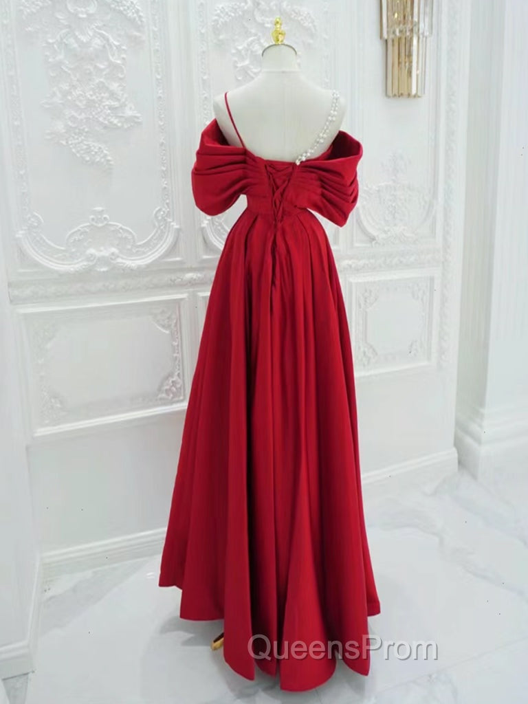 A-Line Off Shoulder Satin Red Long Evening Prom Dress, Red Long Evening Dress
