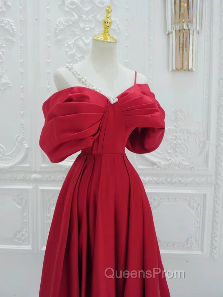 A-Line Off Shoulder Satin Red Long Evening Prom Dress, Red Long Evening Dress