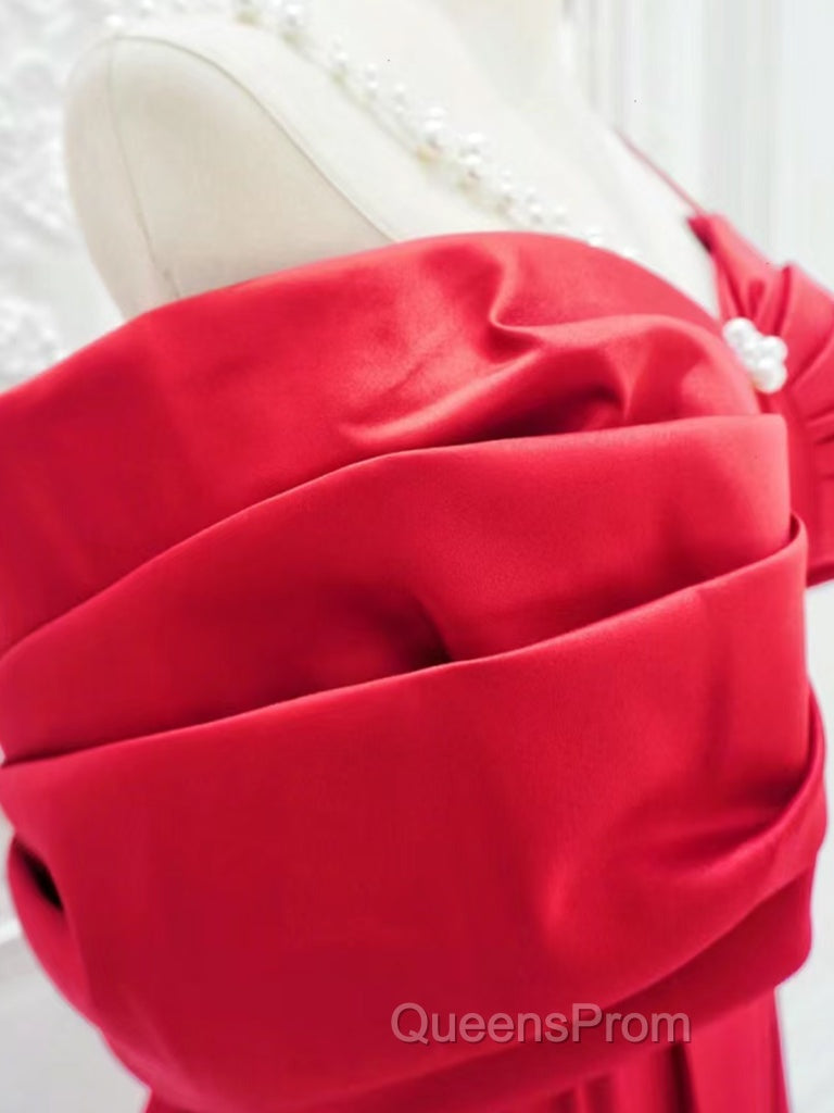 A-Line Off Shoulder Satin Red Long Evening Prom Dress, Red Long Evening Dress