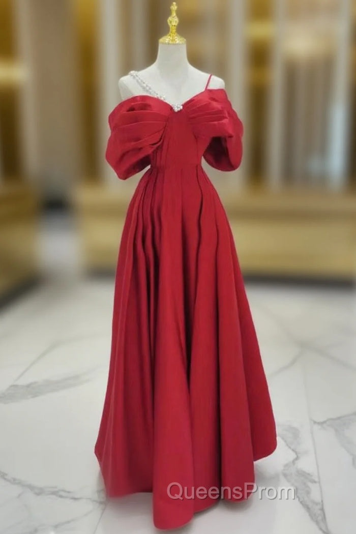 A-Line Off Shoulder Satin Red Long Evening Prom Dress, Red Long Evening Dress Main image