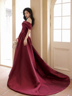 A-Line Off Shoulder Satin Sweet Train Dark Red Long Classy Prom Dress