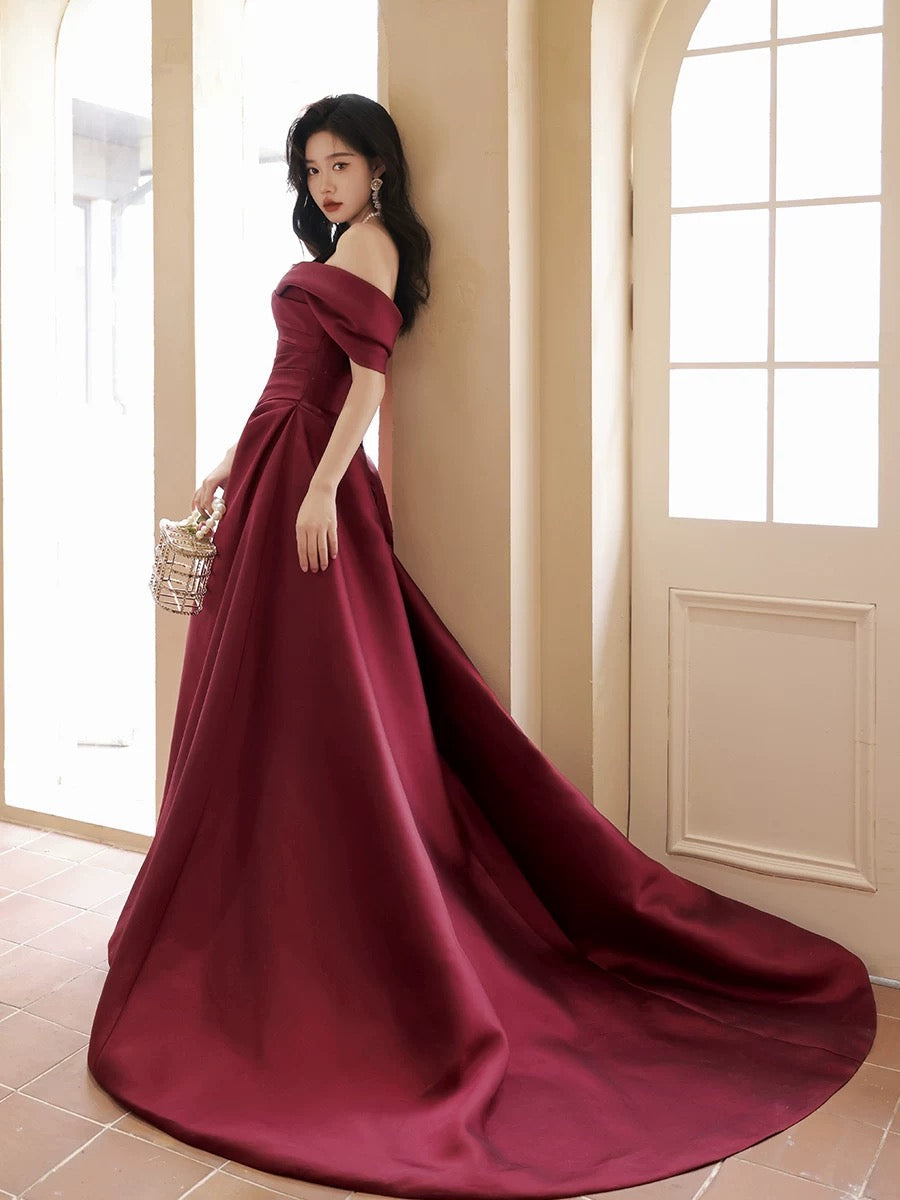 A-Line Off Shoulder Satin Sweet Train Dark Red Long Classy Prom Dress