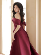 A-Line Off Shoulder Satin Sweet Train Dark Red Long Classy Prom Dress