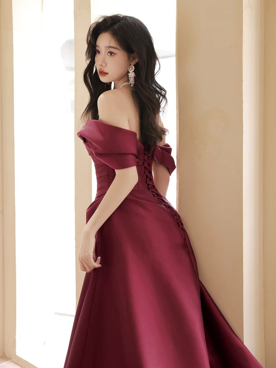 A-Line Off Shoulder Satin Sweet Train Dark Red Long Classy Prom Dress