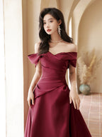 A-Line Off Shoulder Satin Sweet Train Dark Red Long Classy Prom Dress