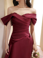 A-Line Off Shoulder Satin Sweet Train Dark Red Long Classy Prom Dress
