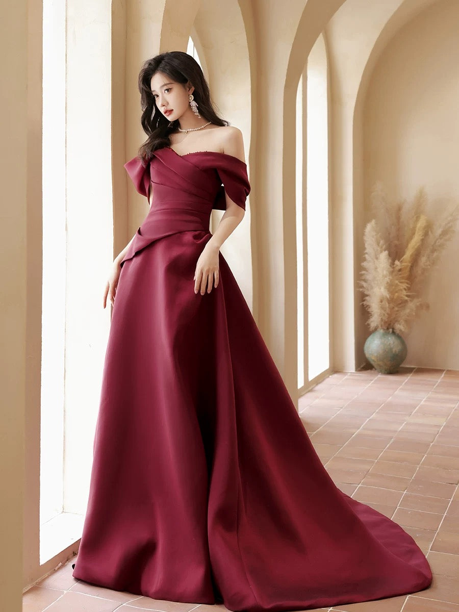 A-Line Off Shoulder Satin Sweet Train Dark Red Long Classy Prom Dress