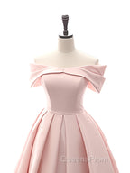 A-Line Off Shoulder Satin Tea Length Pink Evening Prom Dress, Pink Evening Dress