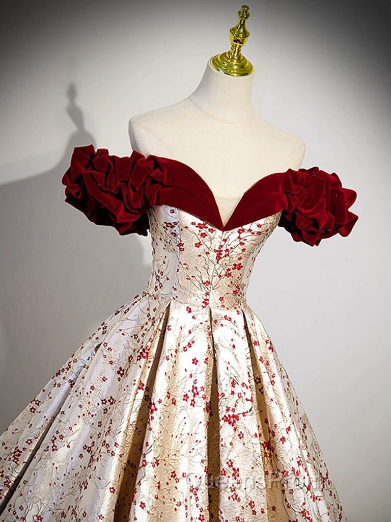 A-Line Off Shoulder Satin/Velvet Champagne Long Evening Prom Dress, Champagne Long Evening Dress