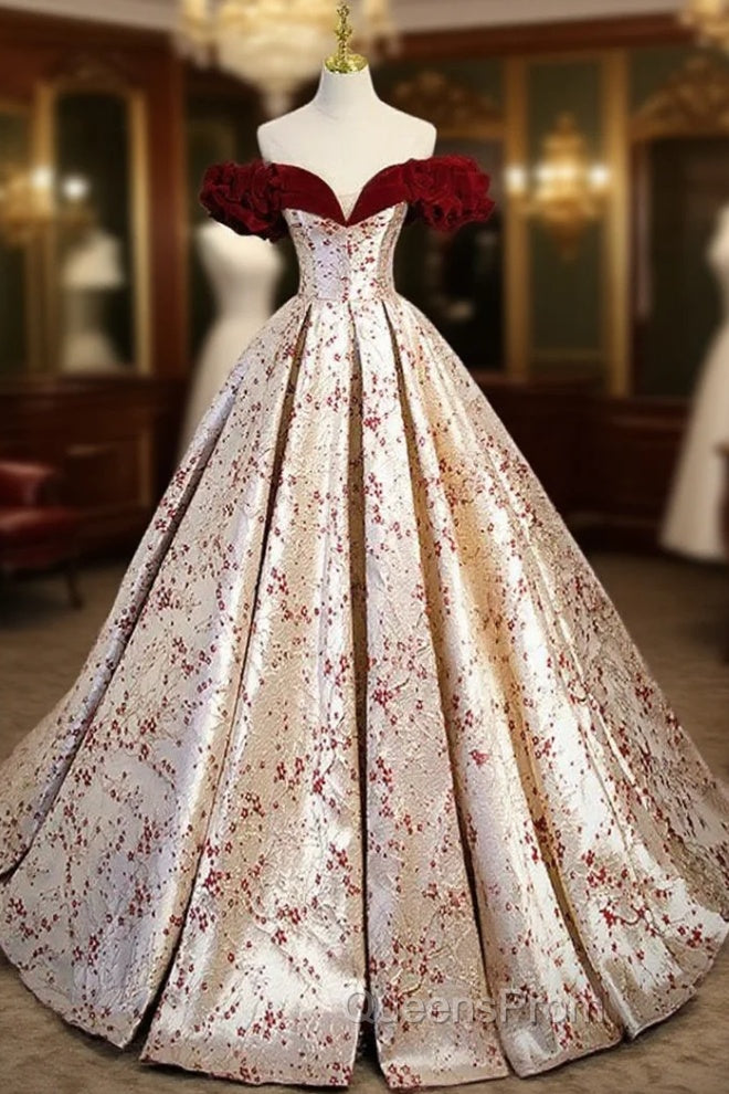 A-Line Off Shoulder Satin/Velvet Champagne Long Evening Prom Dress, Champagne Long Evening Dress Main image