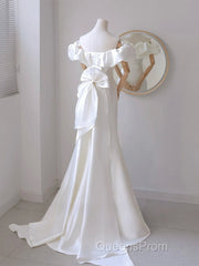 A-Line Off Shoulder Satin White Long Evening Prom Dress, White Long Party Dress
