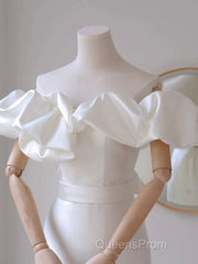 A-Line Off Shoulder Satin White Long Evening Prom Dress, White Long Party Dress