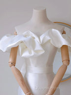A-Line Off Shoulder Satin White Long Evening Prom Dress, White Long Party Dress