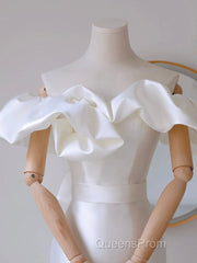 A-Line Off Shoulder Satin White Long Evening Prom Dress, White Long Party Dress