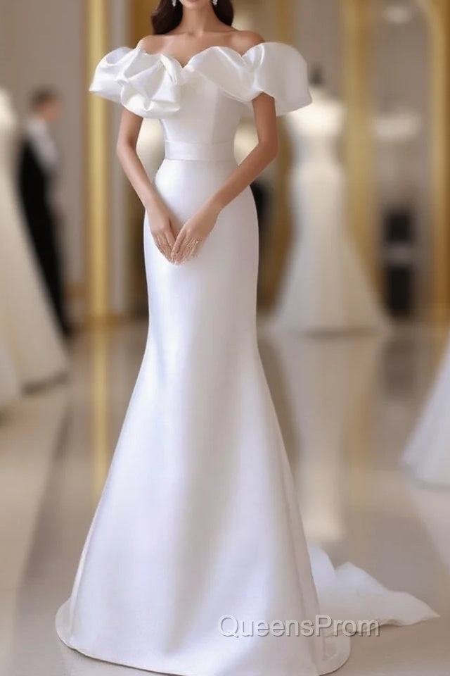 A-Line Off Shoulder Satin White Long Evening Prom Dress, White Long Party Dress Main image