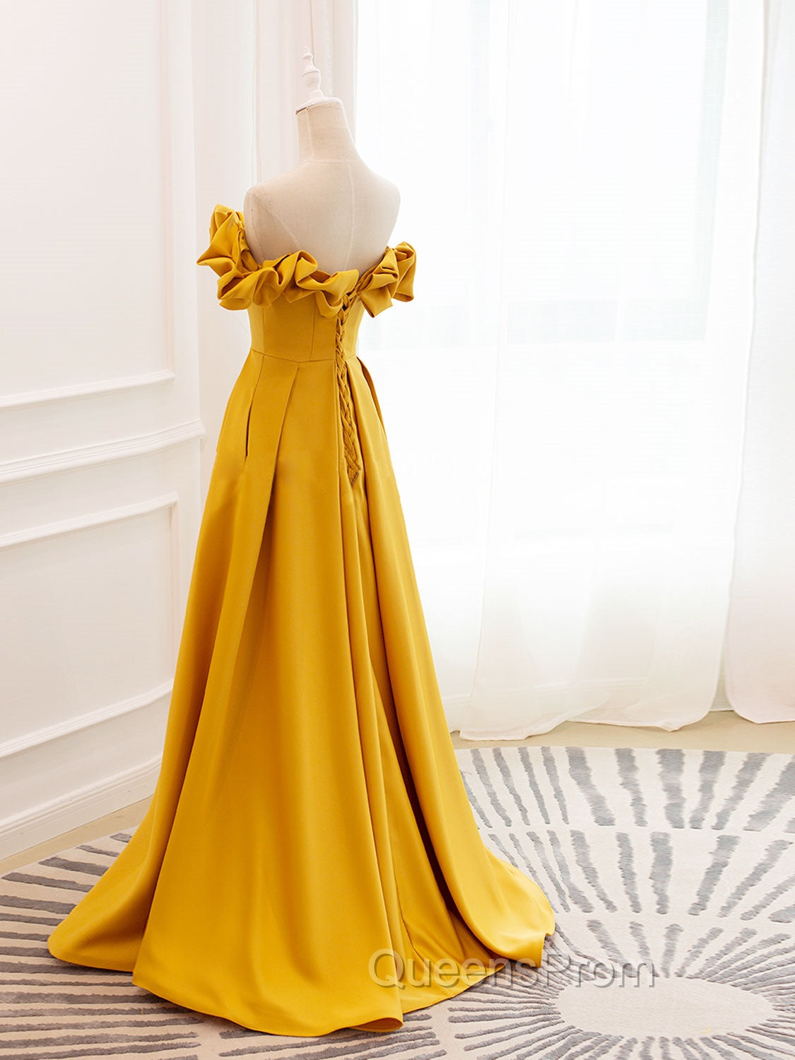 A-Line Off Shoulder Satin Yellow Long Evening Prom Dress, Yellow Evening Dress