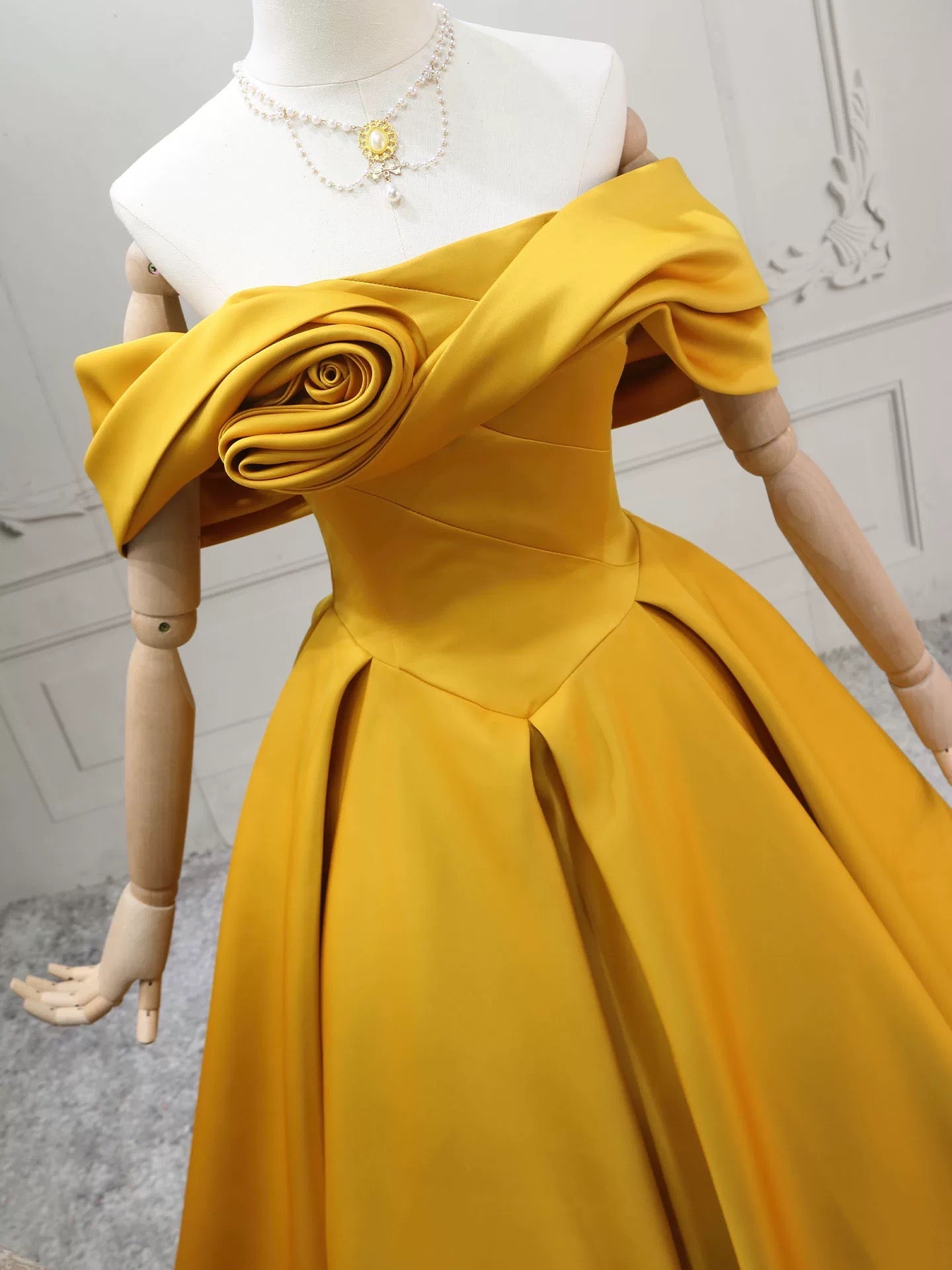 A-Line Off Shoulder Satin Yellow Long Classy Prom Dress, Yellow Long Prom Dress