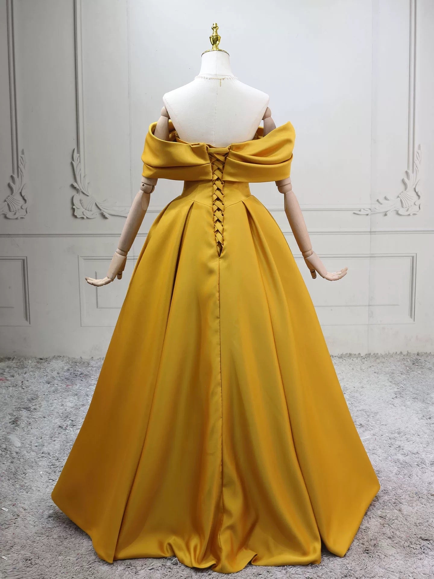 A-Line Off Shoulder Satin Yellow Long Classy Prom Dress, Yellow Long Prom Dress