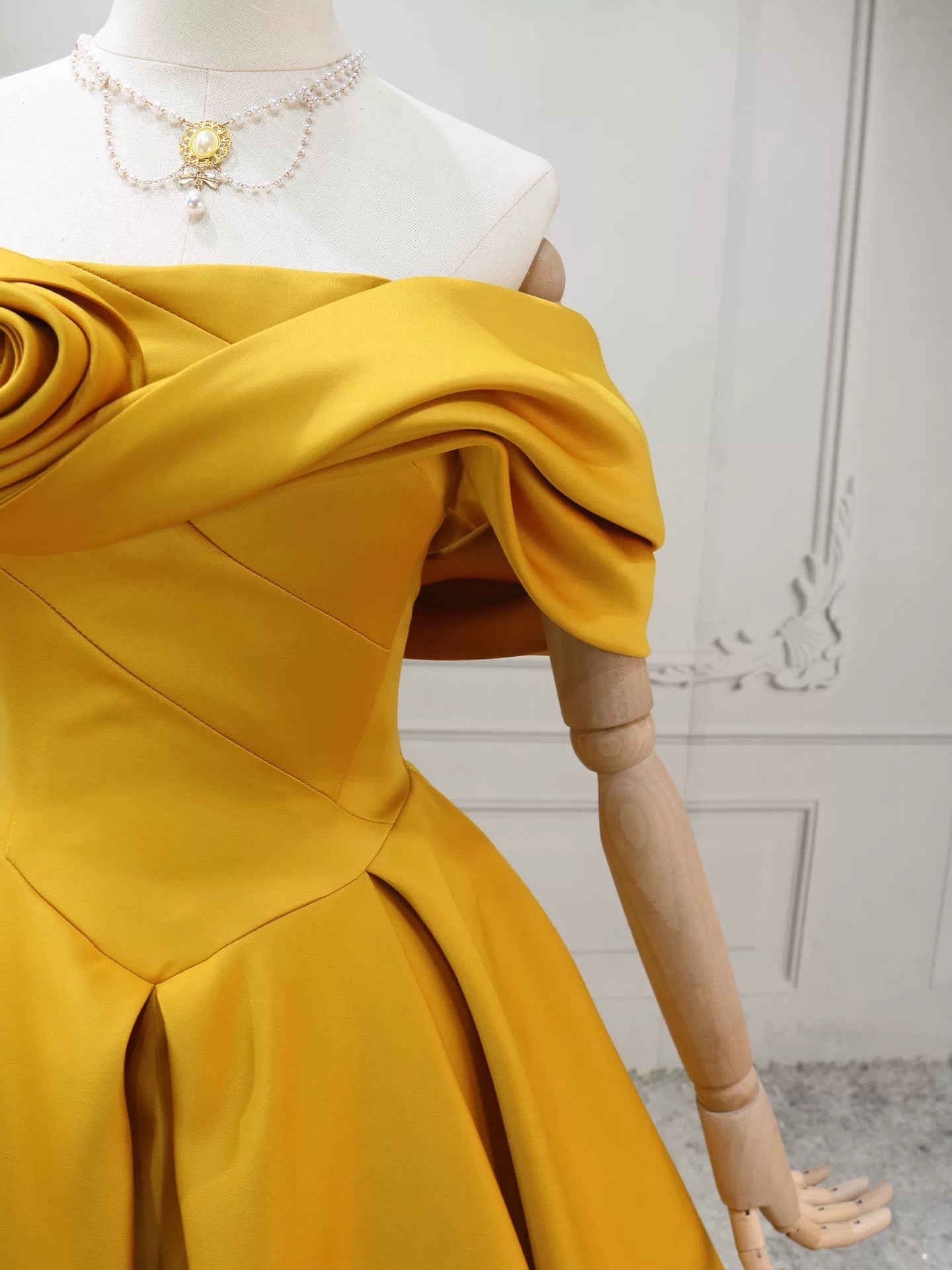 A-Line Off Shoulder Satin Yellow Long Classy Prom Dress, Yellow Long Prom Dress