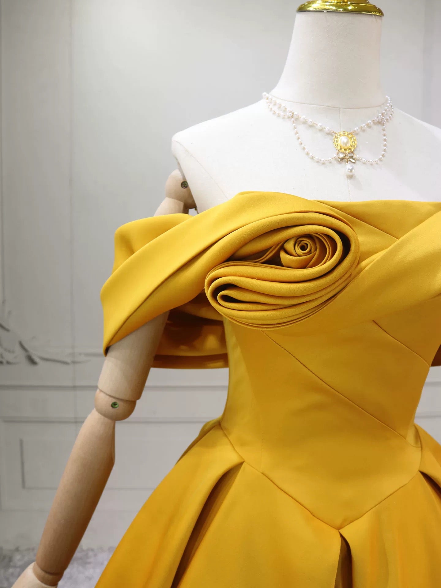 A-Line Off Shoulder Satin Yellow Long Classy Prom Dress, Yellow Long Prom Dress