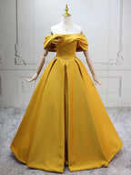 A-Line Off Shoulder Satin Yellow Long Classy Prom Dress, Yellow Long Prom Dress