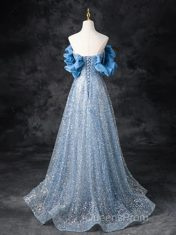 A-Line Off Shoulder Sequin Beads Blue Long Evening Prom Dress Sparkly Evening Dress Secondary image