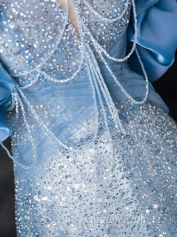 A-Line Off Shoulder Sequin Beads Blue Long Evening Prom Dress Sparkly Evening Dress