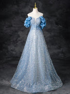 A-Line Off Shoulder Sequin Beads Blue Long Evening Prom Dress Sparkly Evening Dress