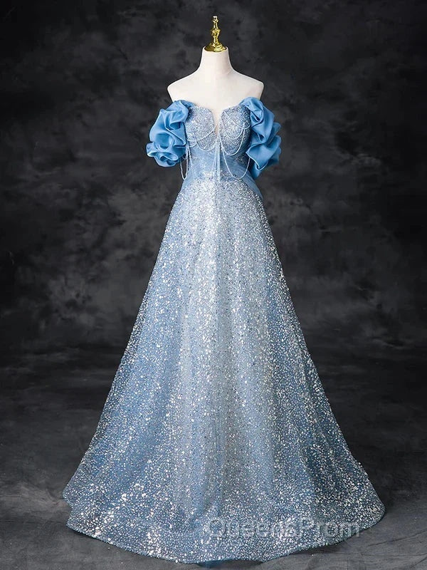 A-Line Off Shoulder Sequin Beads Blue Long Evening Prom Dress Sparkly Evening Dress