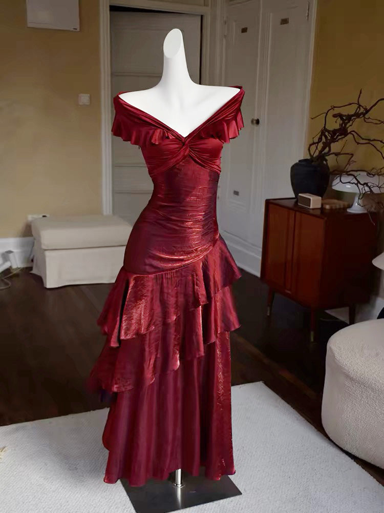 A-Line Off Shoulder Silk Floor Length Burgundy Classy Prom Dress