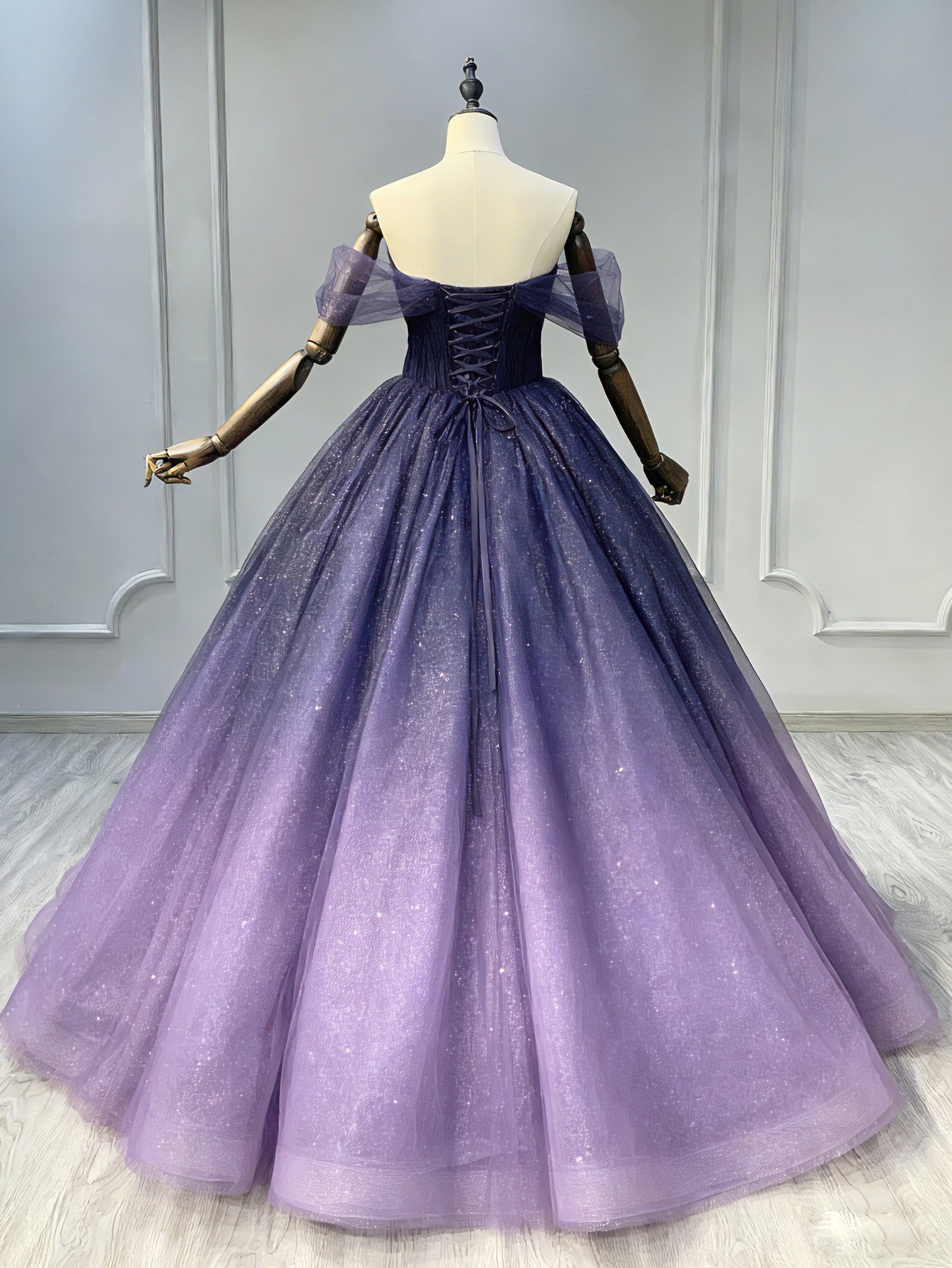 A-Line Off Shoulder Sweetheart Shiny Tulle Purple Ball Gown Classy Prom Dress Secondary image