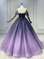 A-Line Off Shoulder Sweetheart Shiny Tulle Purple Ball Gown Classy Prom Dress