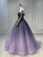 A-Line Off Shoulder Sweetheart Shiny Tulle Purple Ball Gown Classy Prom Dress