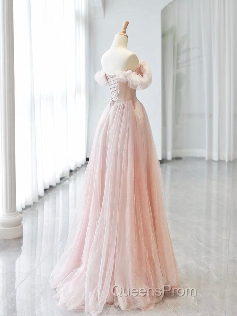 A-Line Off Shoulder Tulle Beads Pink Long Evening Prom Dress, Pink Tulle Long Evening Dress