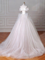 A-Line Off Shoulder Tulle Beige Long Evening Prom Dress, Beige Tulle Long Evening Dress
