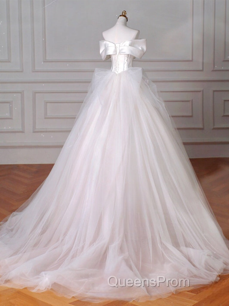 A-Line Off Shoulder Tulle Beige Long Evening Prom Dress, Beige Tulle Long Evening Dress