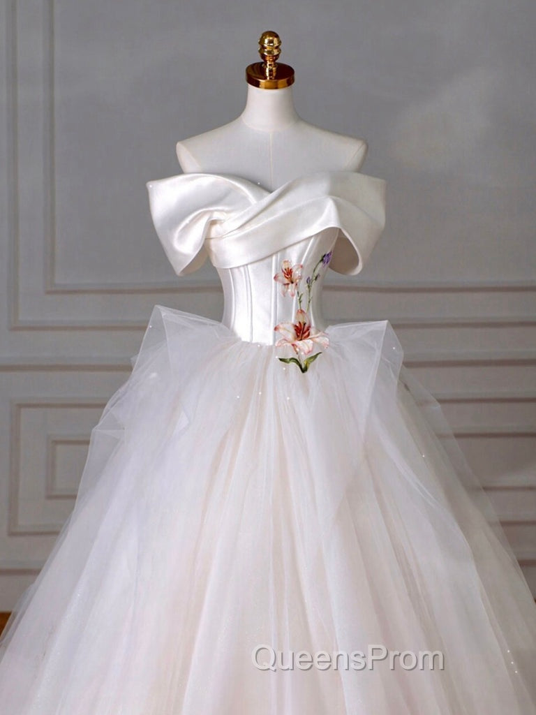 A-Line Off Shoulder Tulle Beige Long Evening Prom Dress, Beige Tulle Long Evening Dress
