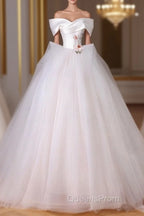 A-Line Off Shoulder Tulle Beige Long Evening Prom Dress, Beige Tulle Long Evening Dress