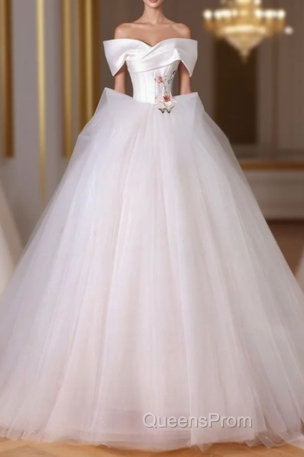 A-Line Off Shoulder Tulle Beige Long Evening Prom Dress, Beige Tulle Long Evening Dress