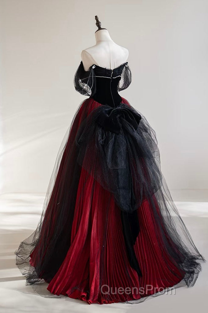A-Line Off Shoulder Tulle Black/Burgundy Long Evening Prom Dress Secondary image