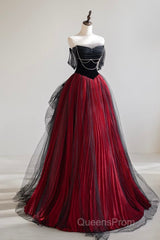 A-Line Off Shoulder Tulle Black/Burgundy Long Evening Prom Dress