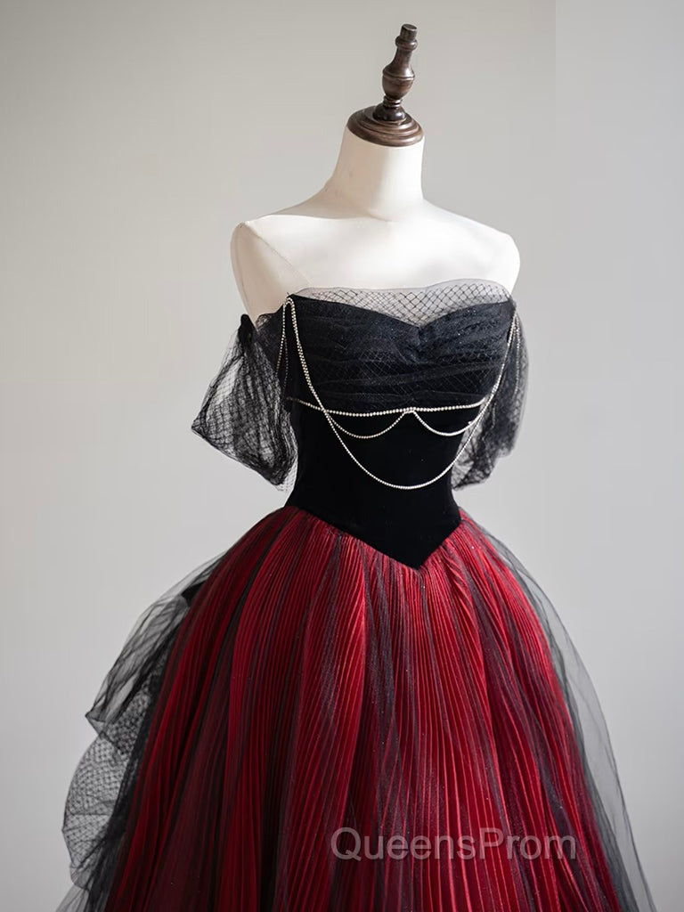 A-Line Off Shoulder Tulle Black/Burgundy Long Evening Prom Dress