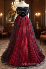 A-Line Off Shoulder Tulle Black/Burgundy Long Evening Prom Dress