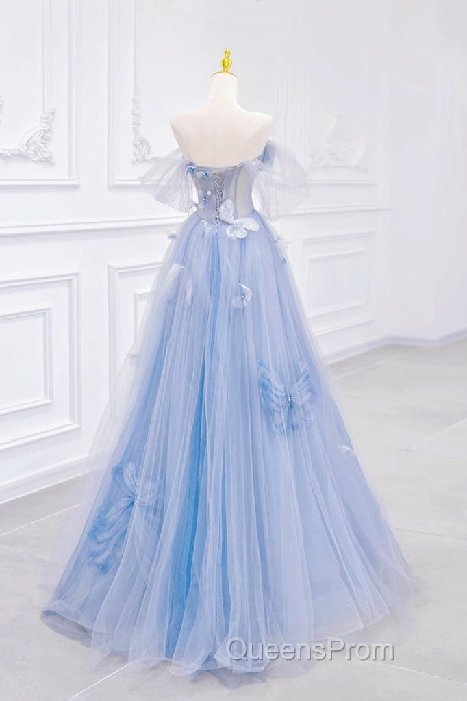 A-Line Off Shoulder Tulle Blue Long Evening Prom Dress, Blue Long Formal Dress