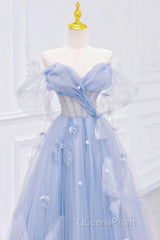 A-Line Off Shoulder Tulle Blue Long Evening Prom Dress, Blue Long Formal Dress