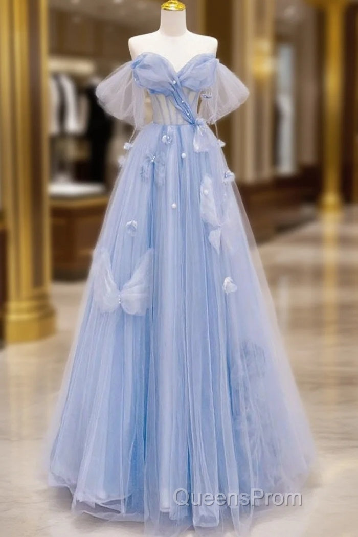 A-Line Off Shoulder Tulle Blue Long Evening Prom Dress, Blue Long Formal Dress Main image