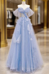 A-Line Off Shoulder Tulle Blue Long Evening Prom Dress, Blue Long Formal Dress